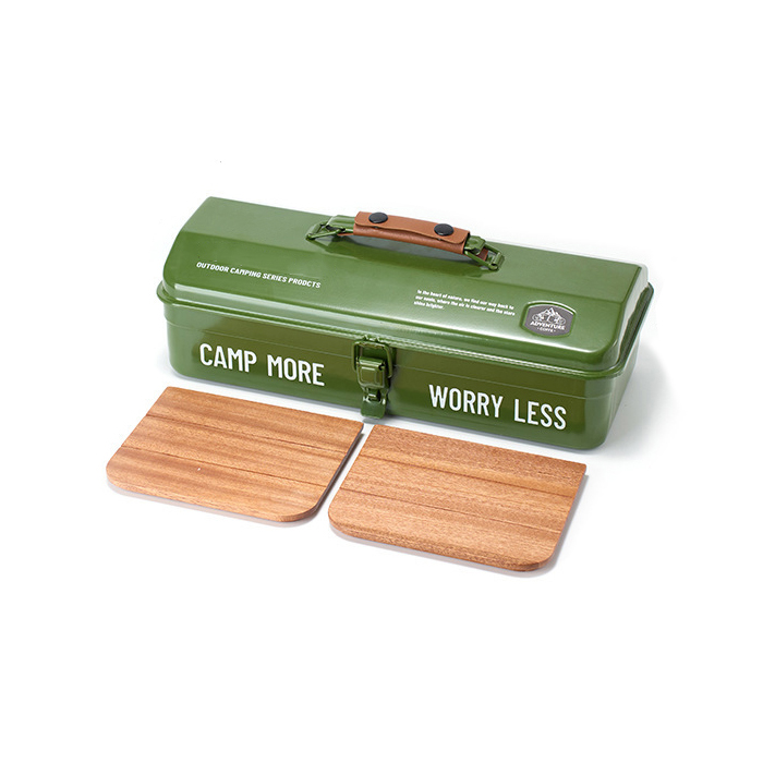 Caja de herramientas portátil de hierro para acampar, caja de almacenamiento de metal para acampar